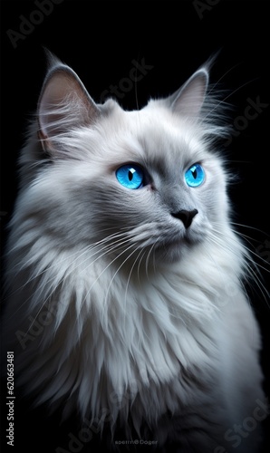 GATO BRANCO COM OLHOS AZUIS ILUMINADO EM FUNDO ESCURO