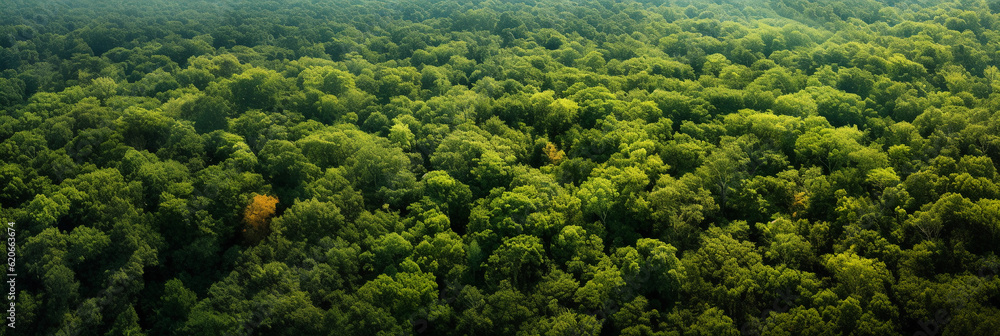 Dense forest canopy seen from a bird's eye view, diverse vegetation, vibrant colors, dappled sunlight