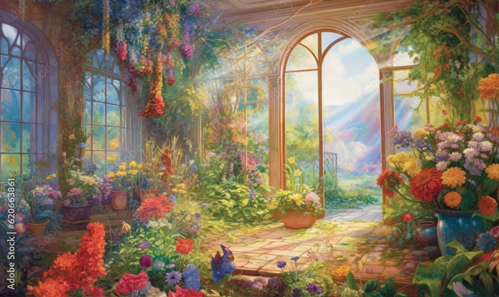 a painting of a garden with flowers and a cat in the window. generative ai a painting of a garden with flowers and a cat in the window. generative ai
