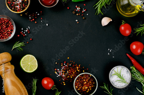 Cooking Concept with Spices and Vegetables on Dark Background, Vegetarian Food, Background for Recipes, Top View