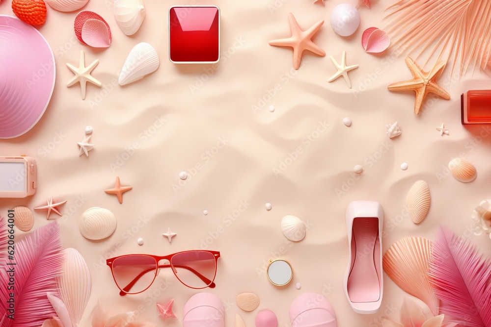 Fototapeta premium Beach themed frame with Holiday Vacation Elements with space for text - Generative AI