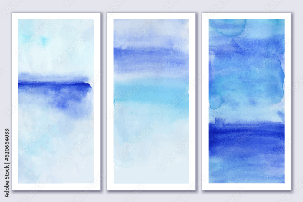 Set of blue watercolor soft gradient art posters. Wall canvas design. Abstract landscape. Sea, ocean view, sky. Calm bright colors. Interior art.