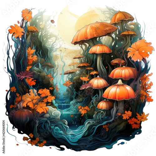 Watercolor Pumpkins Clip Art a mesmerizing depiction of floating pumpkins in a whimsical garden, vibrant flowers and lush foliage surround the pumpkins, Generative Ai