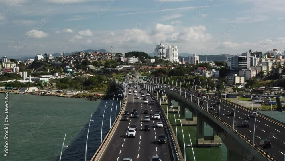 Aerial drone view of Hercilio luz bridge with car traffic. Aerial drone view of Hercilio luz bridge with car traffic.