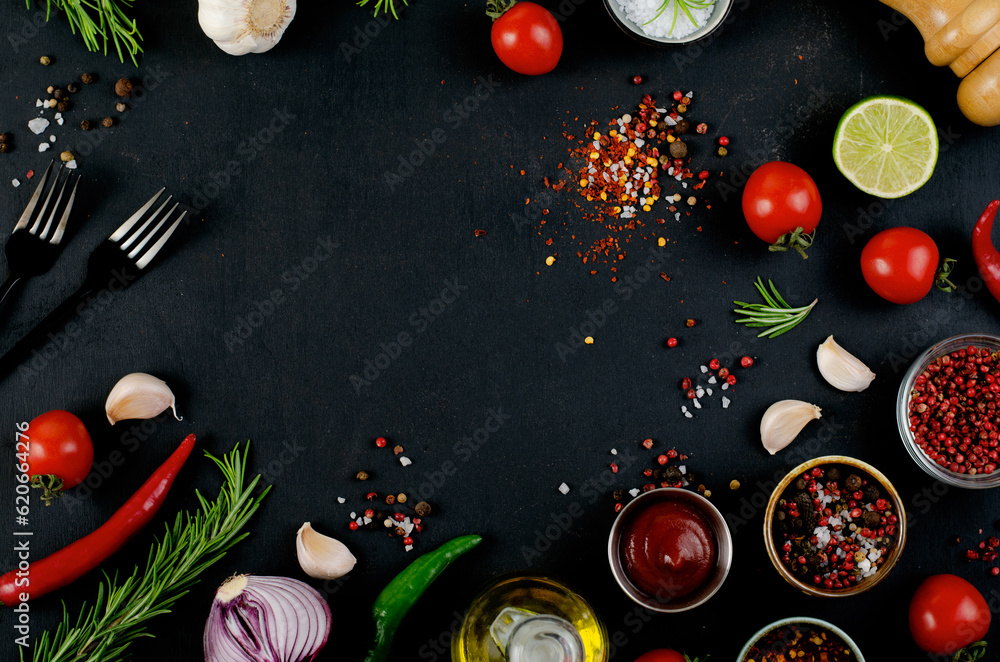 Cooking Concept with Spices and Vegetables on Dark Background, Vegetarian Food, Background for Recipes, Top View Cooking Concept with Spices and Vegetables on Dark Background, Vegetarian Food, Background for Recipes, Top View