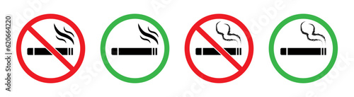 No smoking area and smoking area sign printable red and green stop symbol icon set ban silhouette icon design template.
