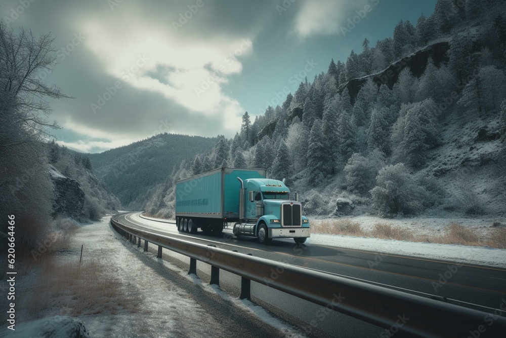 Large blue semi carrying frozen goods on highway in Columbia Gorge. Generative AI