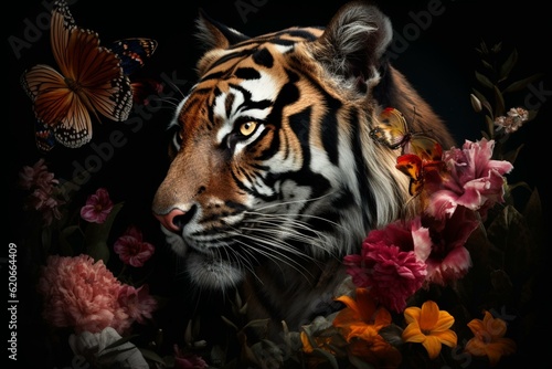Painting of a tiger with birds  flowers  and butterfly on black. Generative AI