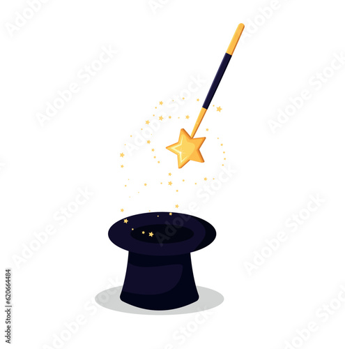 Magic wand with stars sparks above black magic hat. vector illustration in flat design.