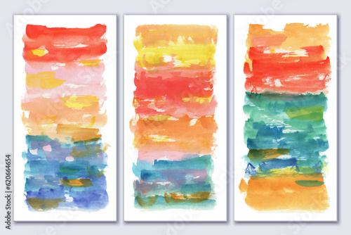Set of watercolor bright art posters. Wall canvas design. Abstract sunset, sunrise composition in red, yellow, blue colors. Seascape, beach, sun. Interior art.