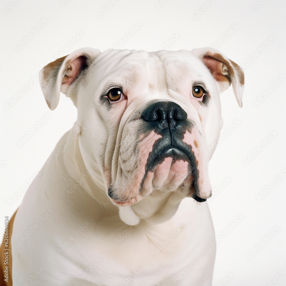American bulldog dog close up portrait isolated on white background. Brave pet, loyal friend, good companion, generative AI
