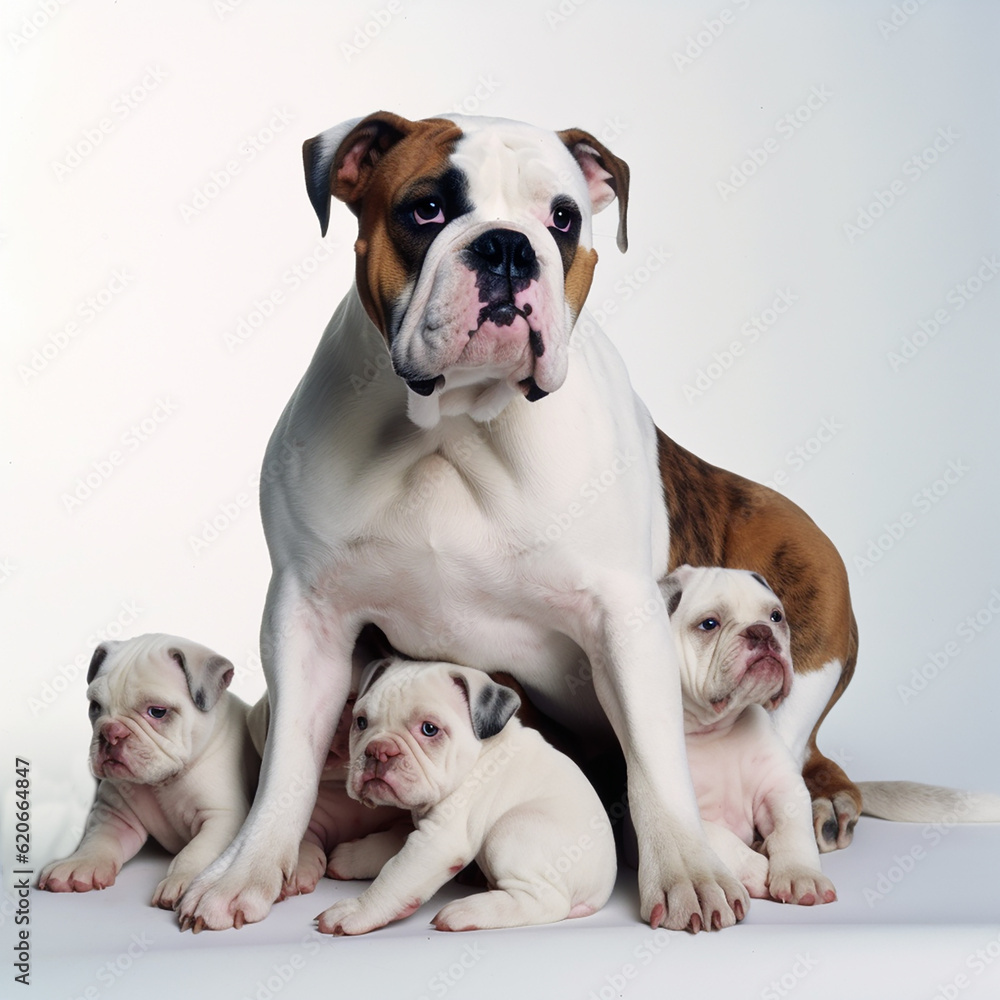 American bulldog dog with puppies close up portrait  isolated on white background. Brave pet, loyal friend, good companion, generative ai