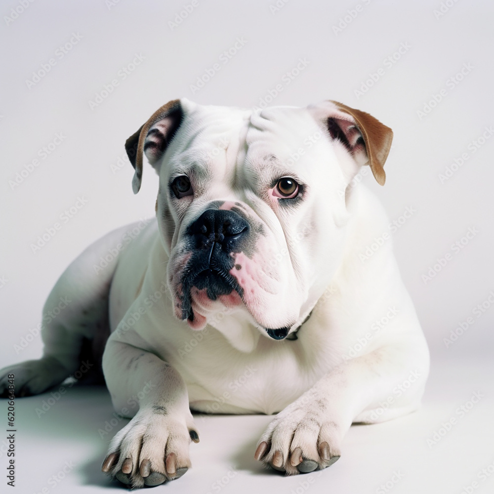 American bulldog dog close up portrait isolated on white background. Brave pet, loyal friend, good companion, generative ai American bulldog dog close up portrait isolated on white background. Brave pet, loyal friend, good companion, generative ai