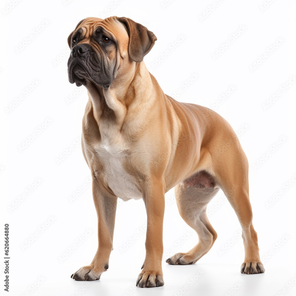 Boerboel dog close up portrait isolated on white background. Brave pet, loyal friend, good companion, generative AI