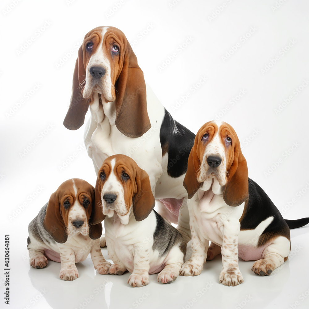 Basset hound dog with puppies close-up portrait isolated on white. Hunting breed of unusual appearance with large ears. Lovely pet, loyal friend, good companion, generative ai