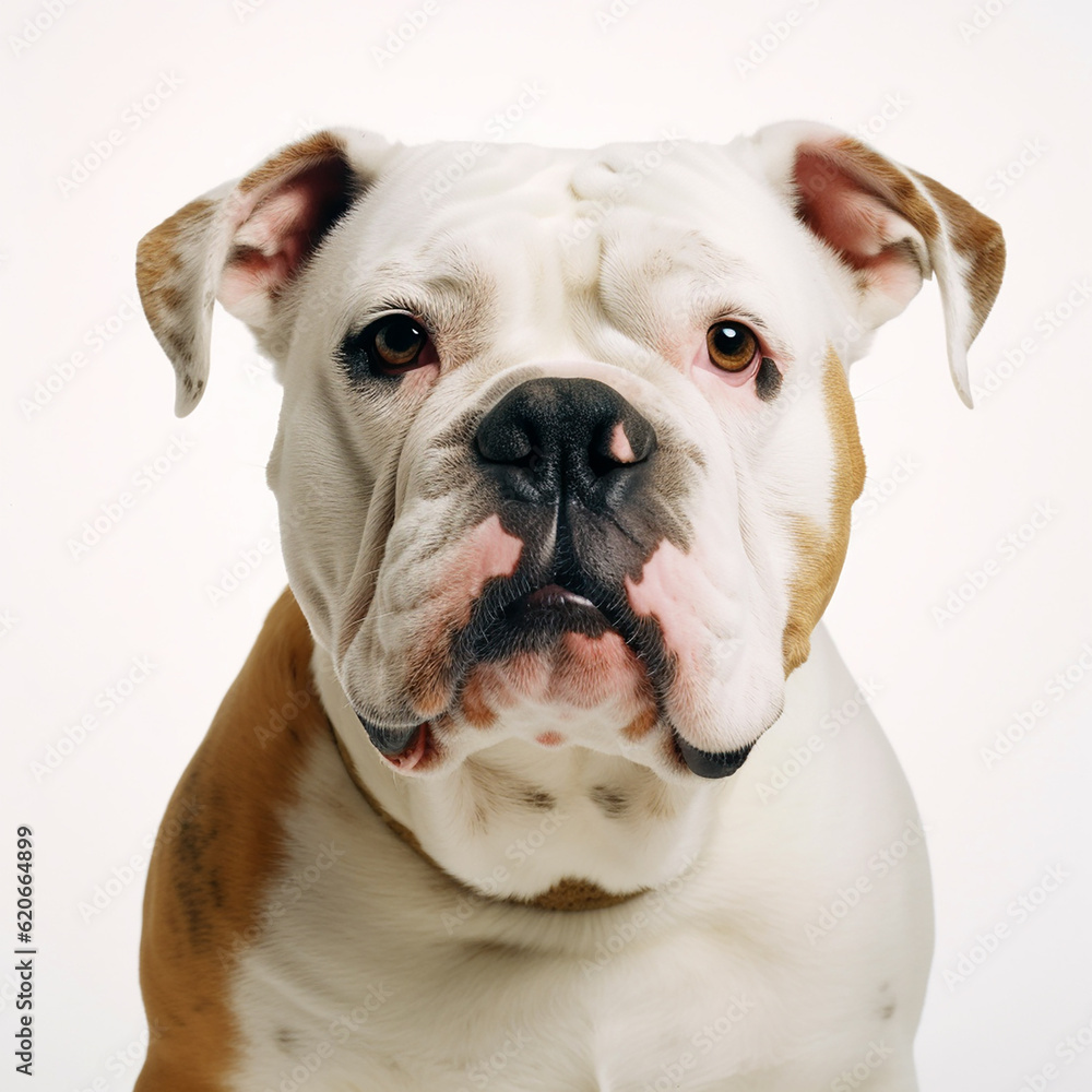 American bulldog dog close up portrait isolated on white background. Brave pet, loyal friend, good companion, generative ai