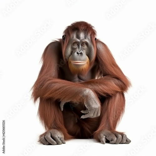 Orangutan monkey thinks, the orangutan sits in a pose of a thinker, close-up, on a white background, generative ai