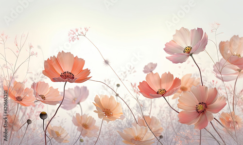  a bunch of flowers that are in the grass with a sky background.  generative ai © Olga