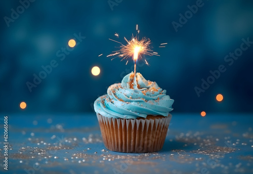 Birthday cupcake with a candle and festive tinsel decoration on a blue background with copy space. Generated AI.