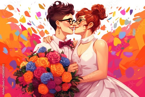 Bright multi-colored illustration of an embracing lesbian couple in wedding white clothes with a large bouquet of flowers.
