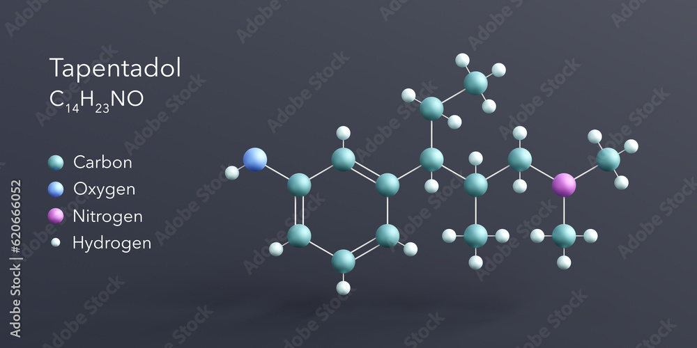 tapentadol molecule 3d rendering, flat molecular structure with