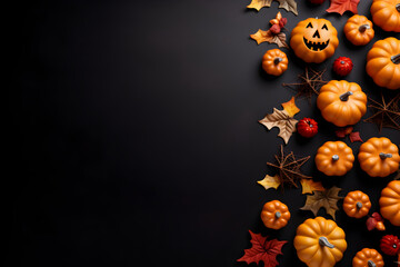 Happy halloween flat lay mockup with pumpkins, leaves and spider web on black background. Autumn holiday concept composition. Top view with copy space. Generated ai.