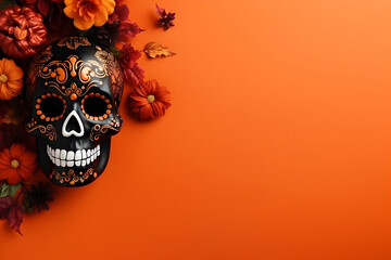 Happy halloween flat lay mockup with autumn flowers, leaves and skull on orange background. Fall holiday concept composition. Top view with copy space. Generated AI.