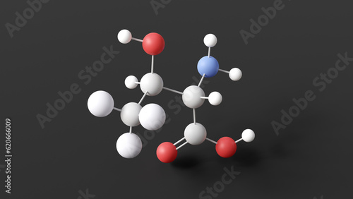 threonine molecule, molecular structure, amino acid, ball and stick 3d model, structural chemical formula with colored atoms