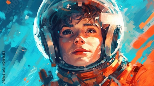 Portrait of beautiful young woman in space suit. Space fantasy image. Science fiction universe exploration. Future concept. Generative AI. Illustration for banner, poster, cover or presentation.