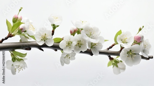 Realistic fruit tree branch with spring flowers. Beautiful flowering apple tree in spring day. Generative AI. Illustration for cover, card, postcard, brochure, advertising or presentation.