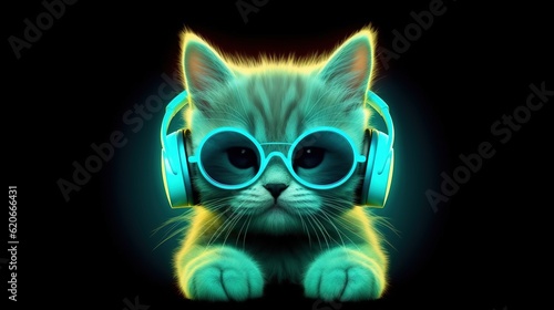 Obraz na plátně Cool cat in headphones and sunglasses listens to music