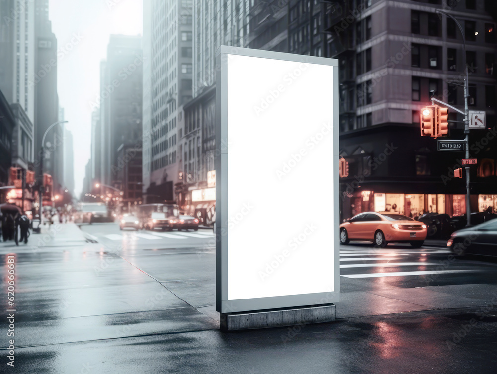 Blank white advertising banner on city streets background at daytime, mockup. Generative AI
