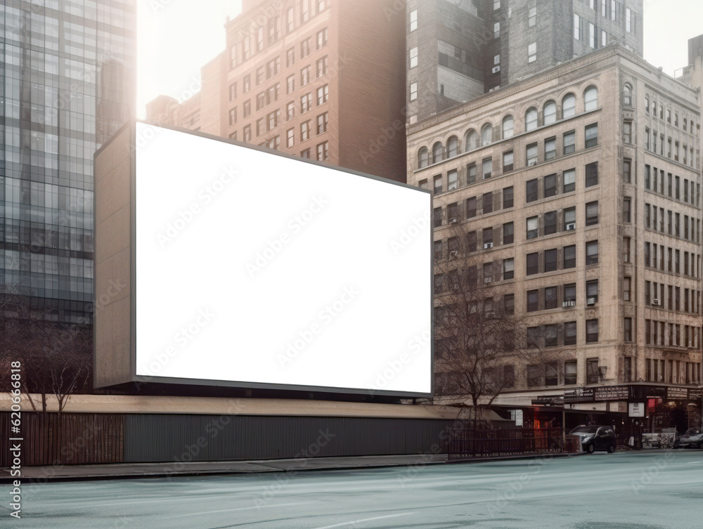 Perspective view of blank white billboard on city streets background at dusk, mockup. Generative AI Perspective view of blank white billboard on city streets background at dusk, mockup. Generative AI
