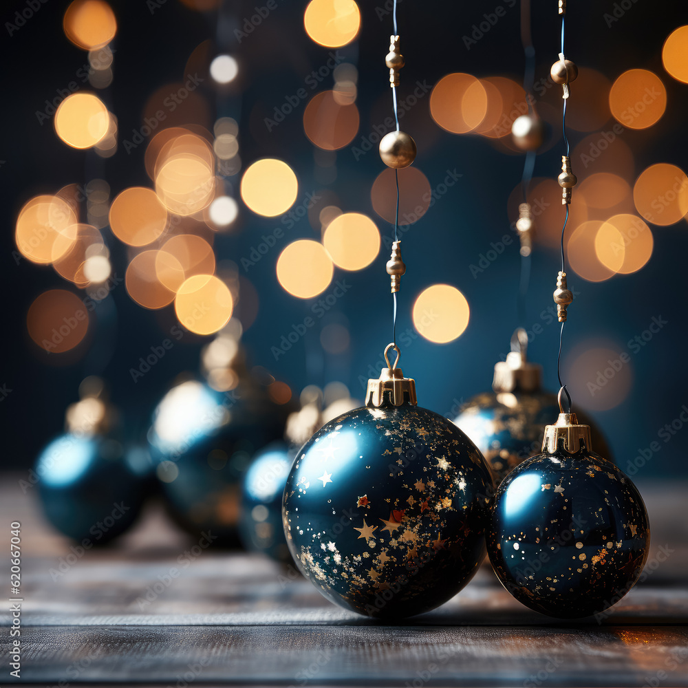 Fototapeta premium Conceptual image of holiday illumination and decorations with Christmas garland bokeh lights set against a dark blue backdrop. Generative Ai, Ai.