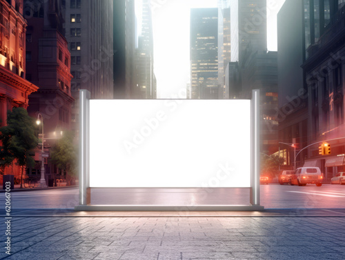 Front view of blank white advertising billboard on blurred city streets background at daytime  mockup. Generative AI