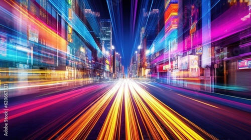 Road with light trails of passing vehicles. Motion speed light in city. Dynamic background. Town at night with speed traffic. Generative AI. Illustration for banner  poster  cover or presentation.