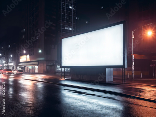 Side view of a blank white advertising billboard at night rainy city street, mockup. Generative AI © Who is Danny
