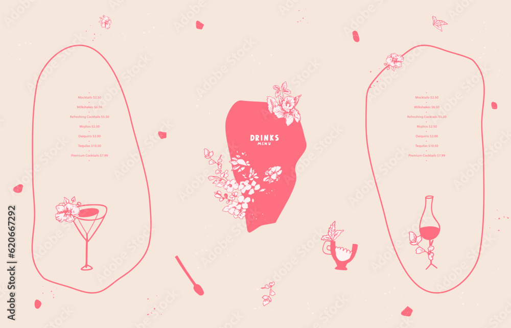 Drinks menu. Abstract forms, stylized images of glasses for wine, coffee, cocktail. Lines and abstract design elements. Vector template for menu, list, banner, booklet, flyer. Creative hand drawing Drinks menu. Abstract forms, stylized images of glasses for wine, coffee, cocktail. Lines and abstract design elements. Vector template for menu, list, banner, booklet, flyer. Creative hand drawing