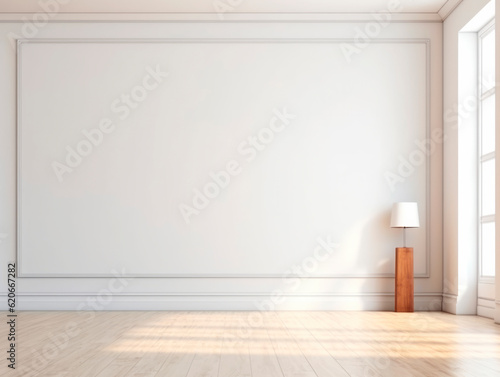 Front view of a blank light wall with sunlight shadow, wooden floor and empty space for image frame, mockup. Generative AI