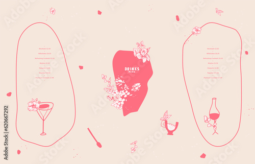 Drinks menu. Abstract forms, stylized images of glasses for wine, coffee, cocktail. Lines and abstract design elements. Vector template for menu, list, banner, booklet, flyer. Creative hand drawing