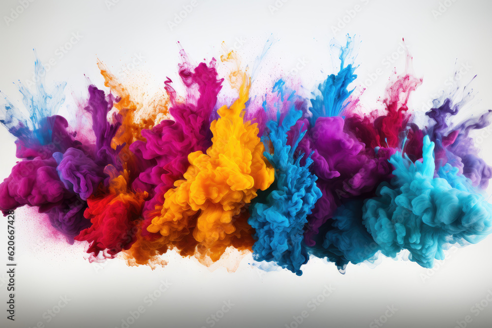 Naklejka premium Wide panoramic background featuring a colorful rainbow holi paint color powder explosion against a white backdrop. Generative Ai, Ai.