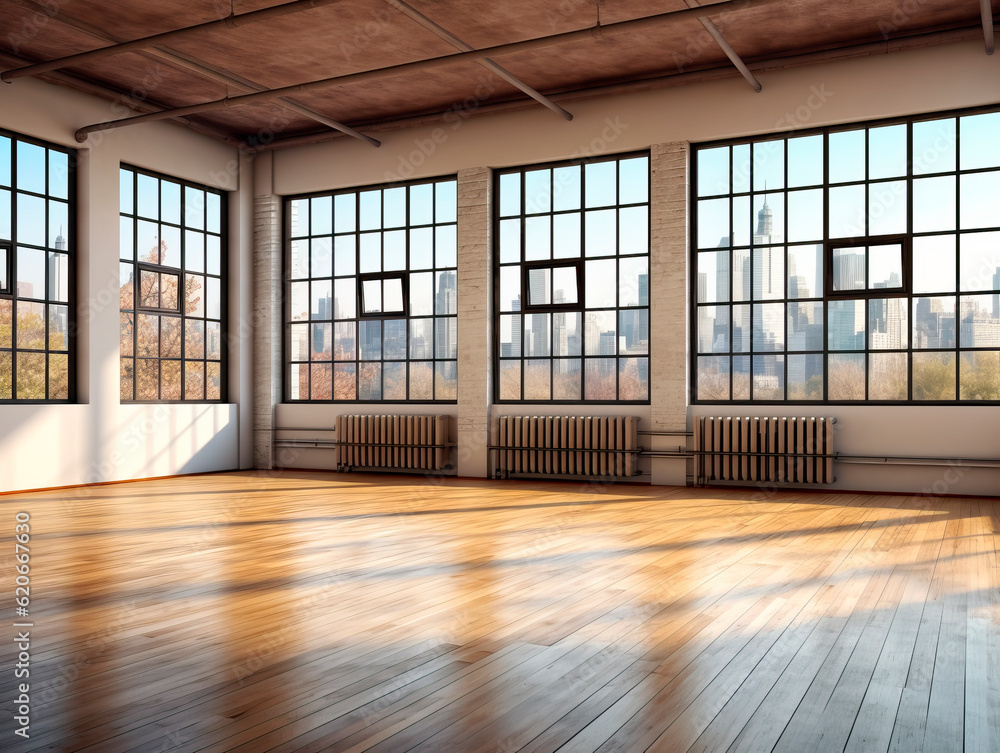Perspective view of empty loft interior room with wooden floor and large windows. Generative AI Perspective view of empty loft interior room with wooden floor and large windows. Generative AI