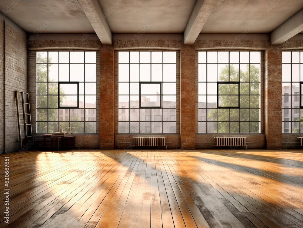 Front view of empty loft interior with wooden floor and large windows. Generative AI Front view of empty loft interior with wooden floor and large windows. Generative AI