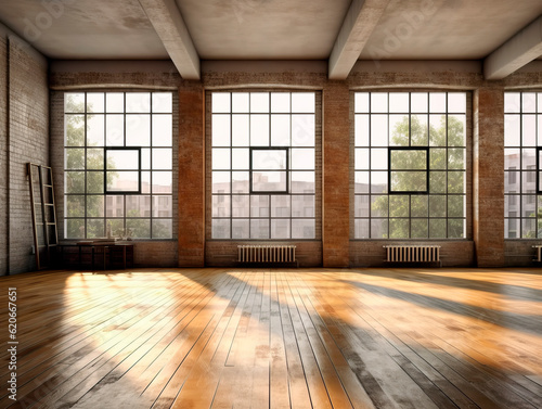 Front view of empty loft interior with wooden floor and large windows. Generative AI