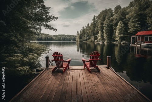 Obraz na plátně Two chairs, wooden dock, lake, Muskoka, Ontario, Canada