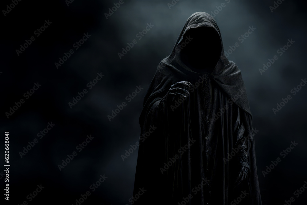Creepy halloween grim reaper figure wearing a black rope against a dark background Creepy halloween grim reaper figure wearing a black rope against a dark background