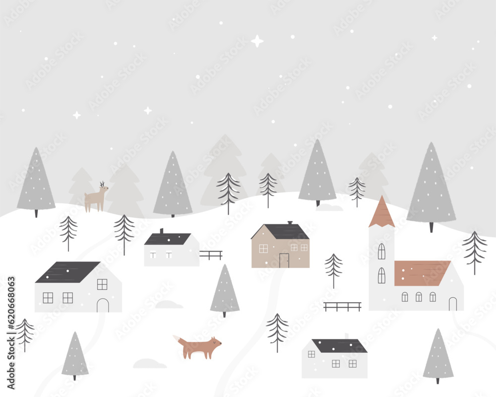 Holiday Christmas greeting card of cozy town, winter landcsape, scenery with little wooden snowy houses