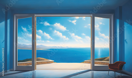  a painting of an open window with a view of the ocean.  generative ai