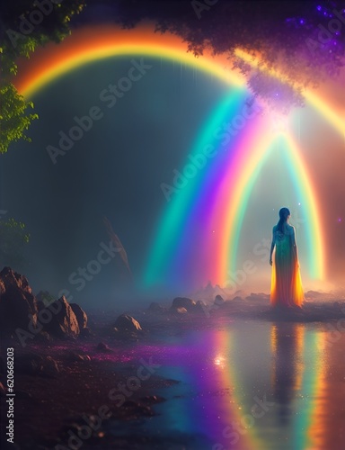 silhouette of a woman under a rainbow sky and a stony ground
