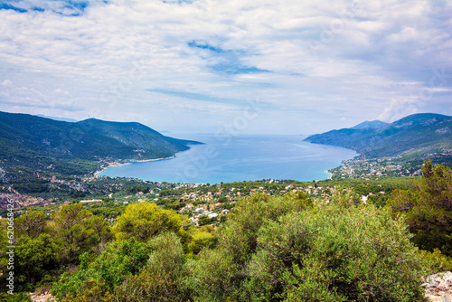 Panoramic view of the town and coast of Porto Germeno  or Aigosthena  in Attica  Greece